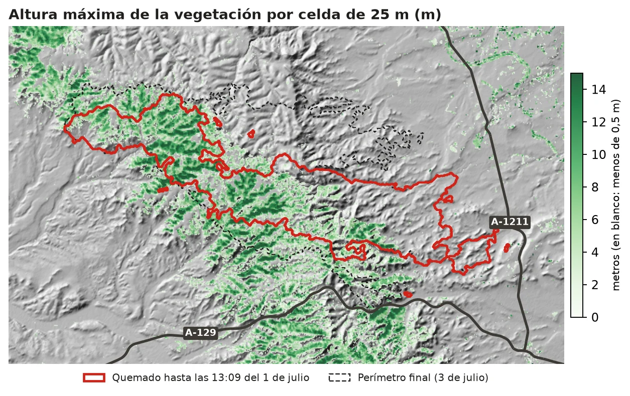 Mapa de altura de la vegetación con lo quemado la primera jornada