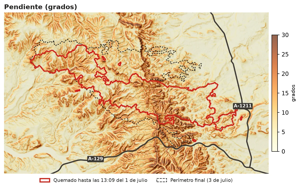 Mapa de pendiente con lo quemado la primera jornada