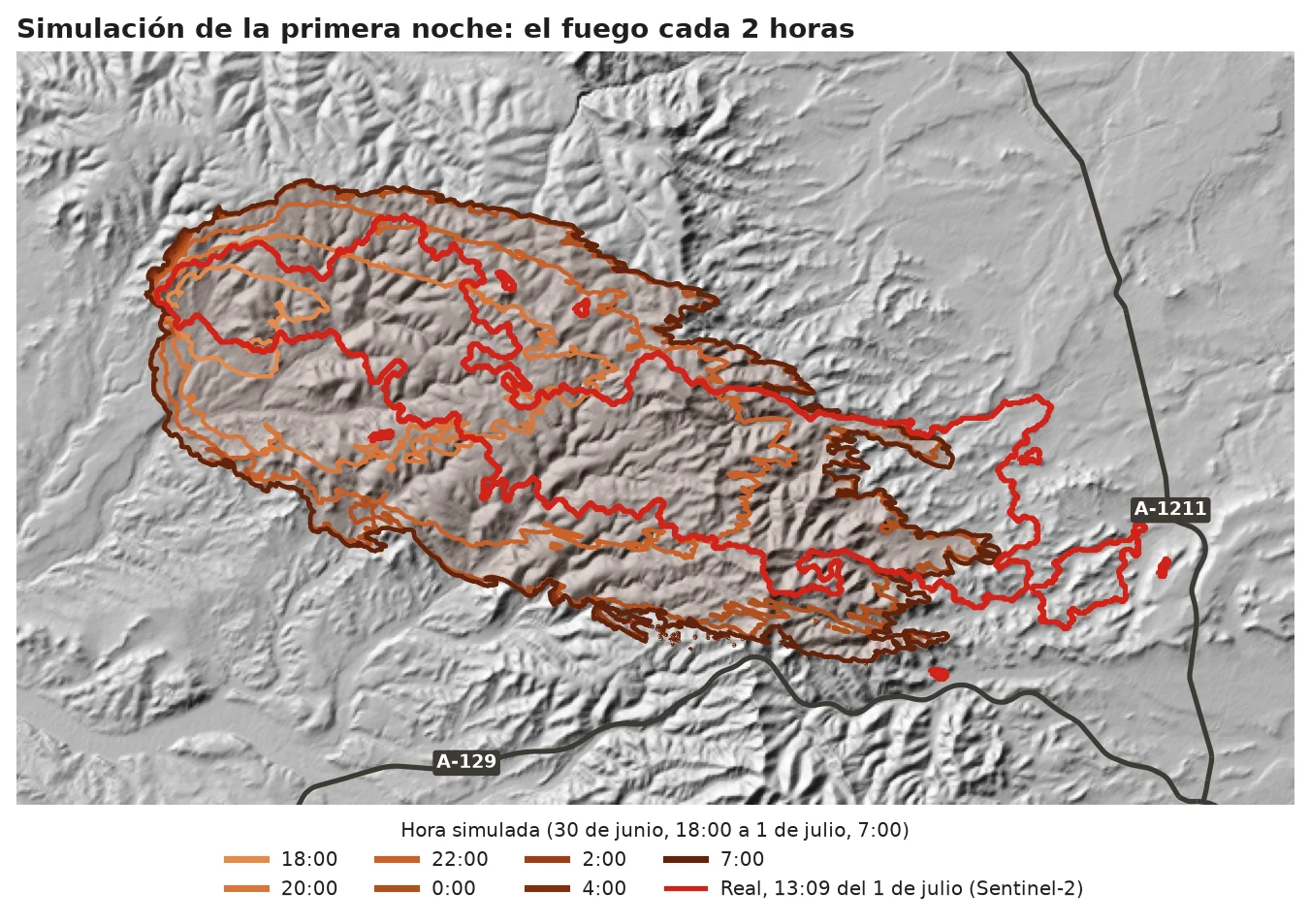 Isócronas del fuego simulado cada dos horas frente a lo quemado realmente