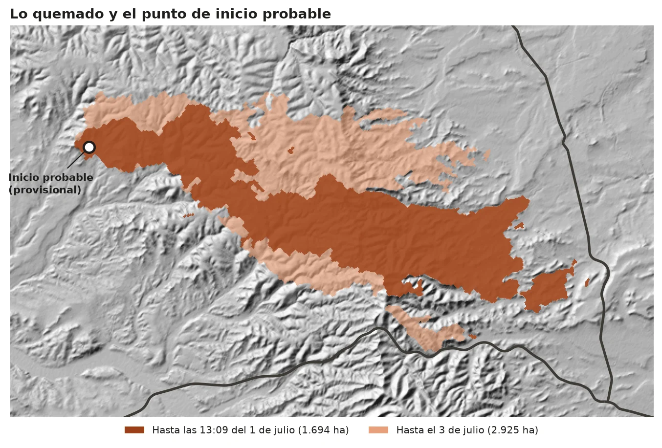 Mapa de la zona con lo quemado el primer día, lo quemado en total y el punto de inicio